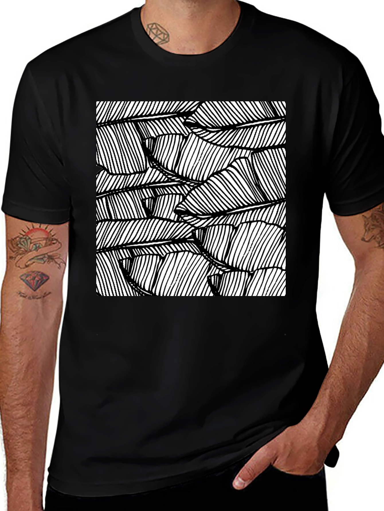 Abstract Leaf Print Black T-Shirt