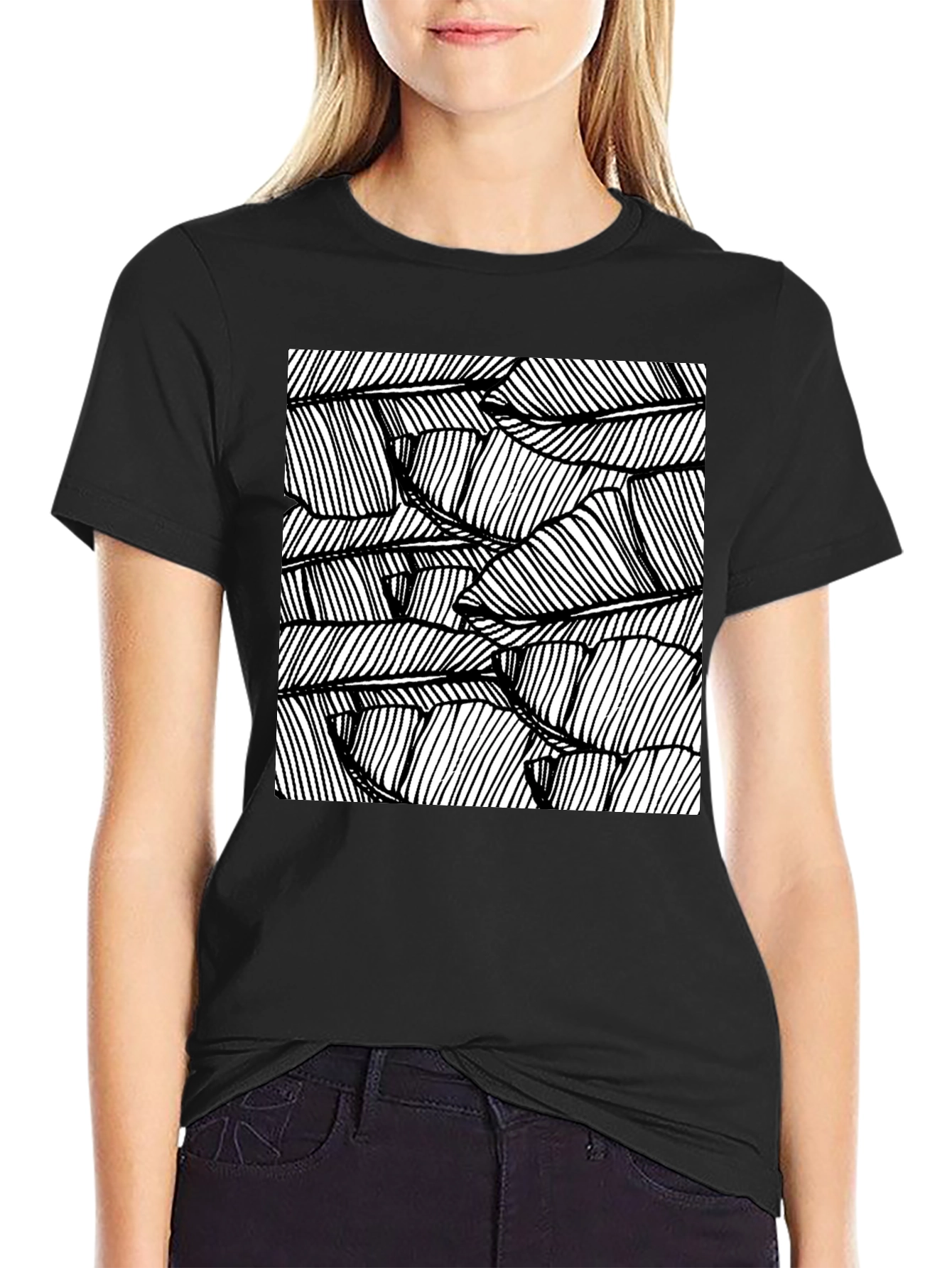 Abstract Leaf Print Black T-Shirt