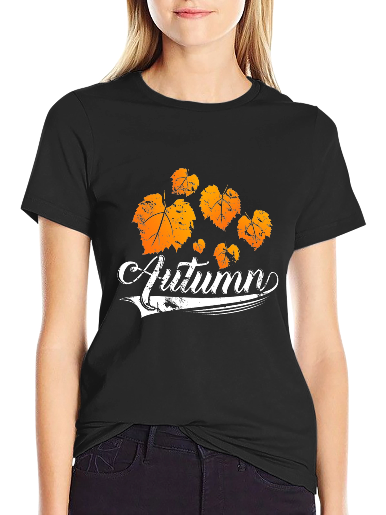 Autumn Leaves Graphic Tee - Black Cotton T-Shirt