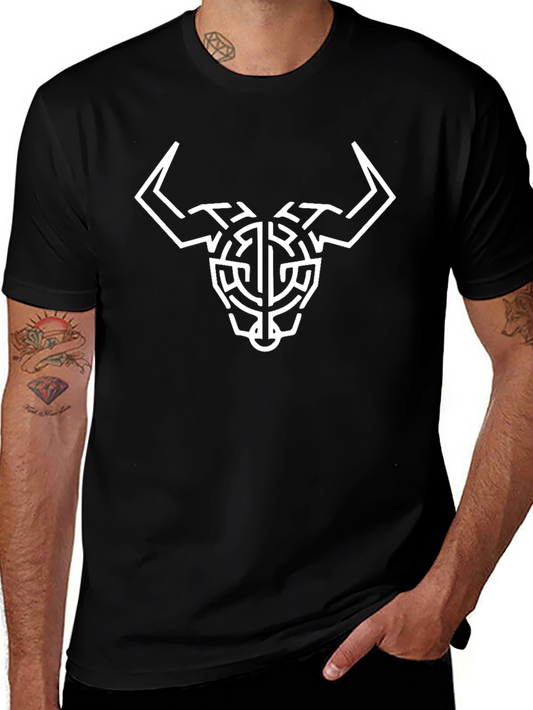 Geometric Bull Skull Graphic Tee - Black