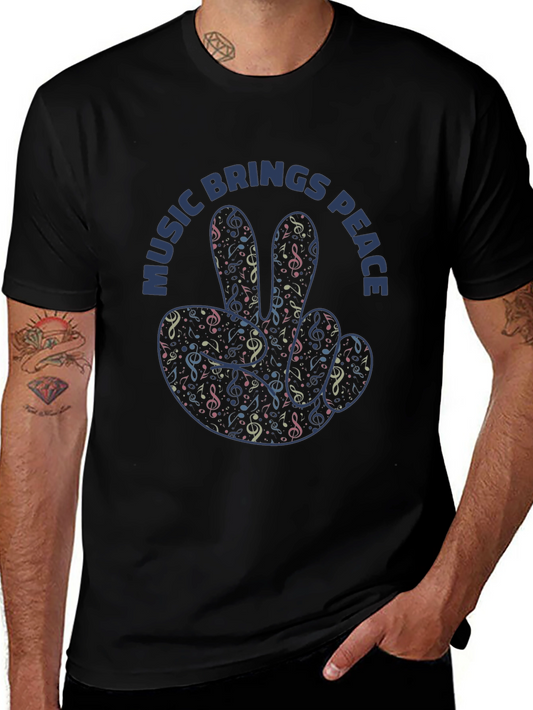 Music Brings Peace Graphic Print Black T-Shirt