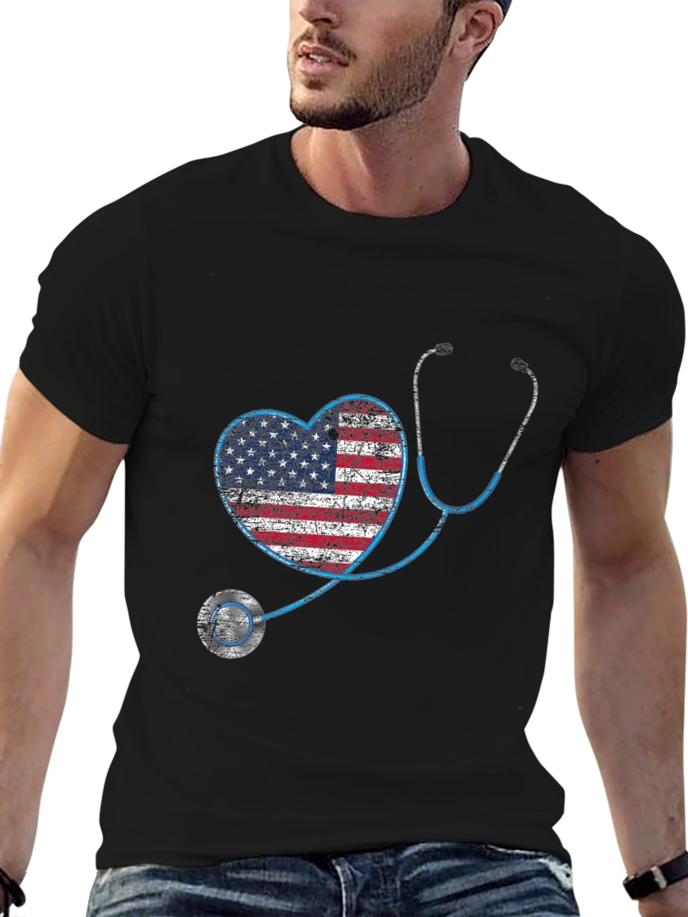 American Flag Heart Stethoscope Graphic T-Shirt