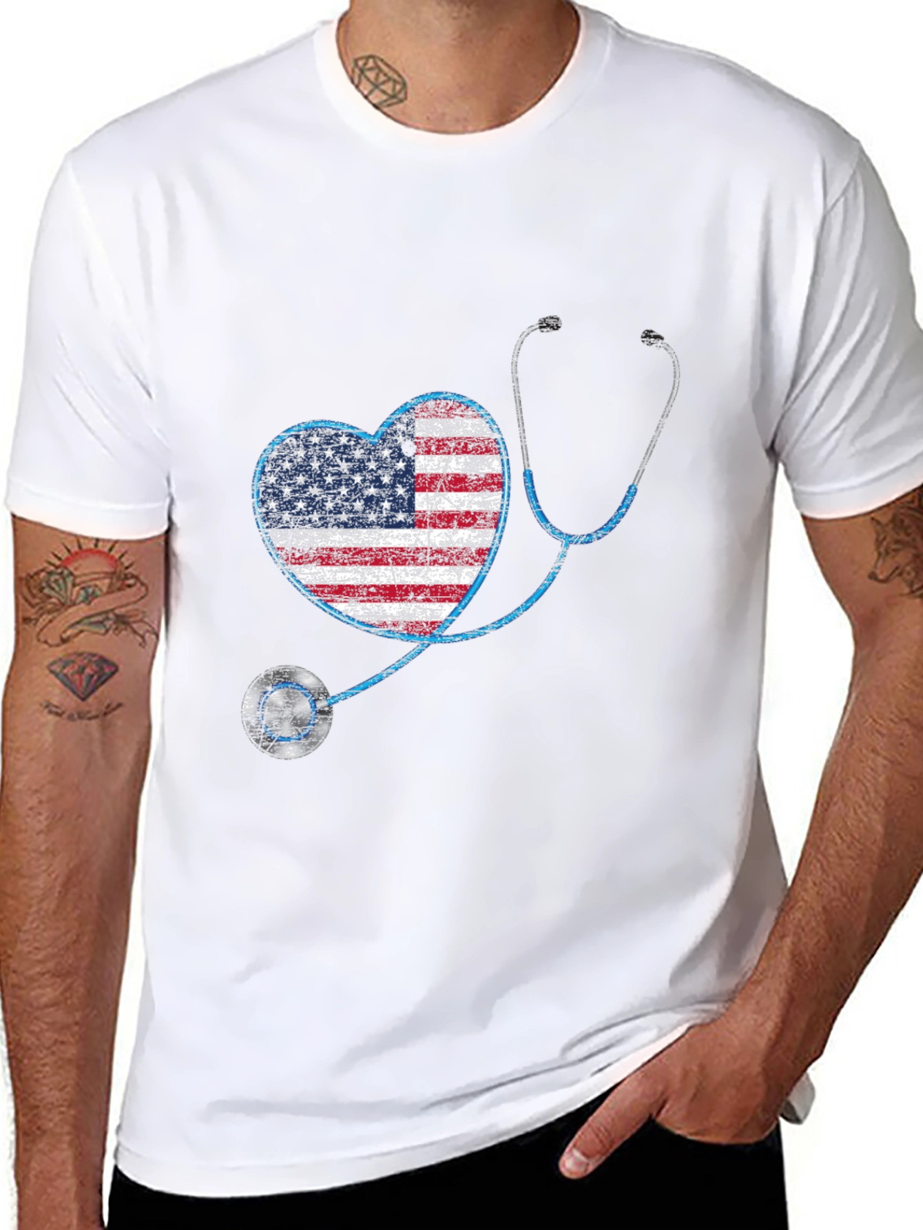 American Flag Heart Stethoscope Graphic T-Shirt