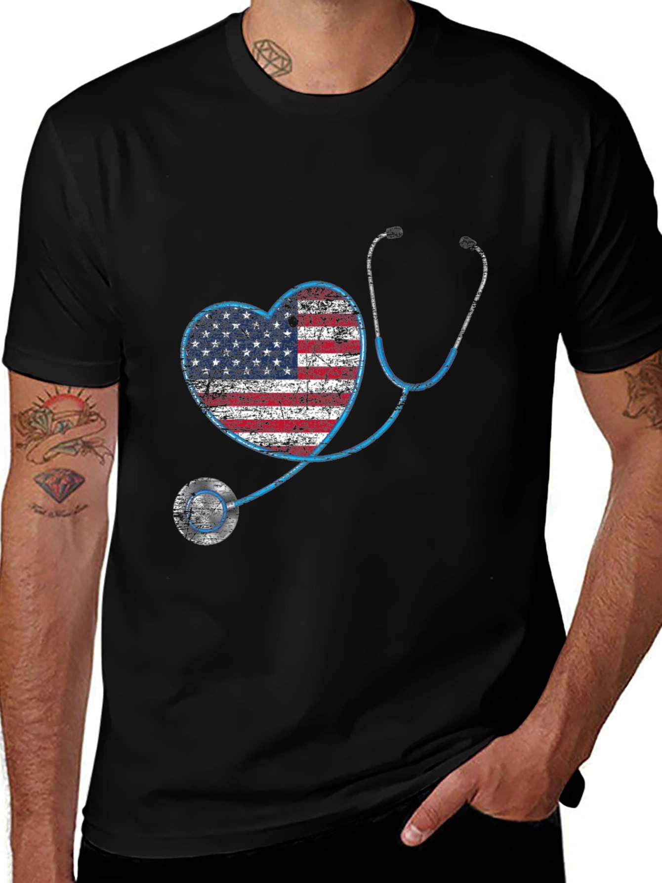 American Flag Heart Stethoscope Graphic T-Shirt