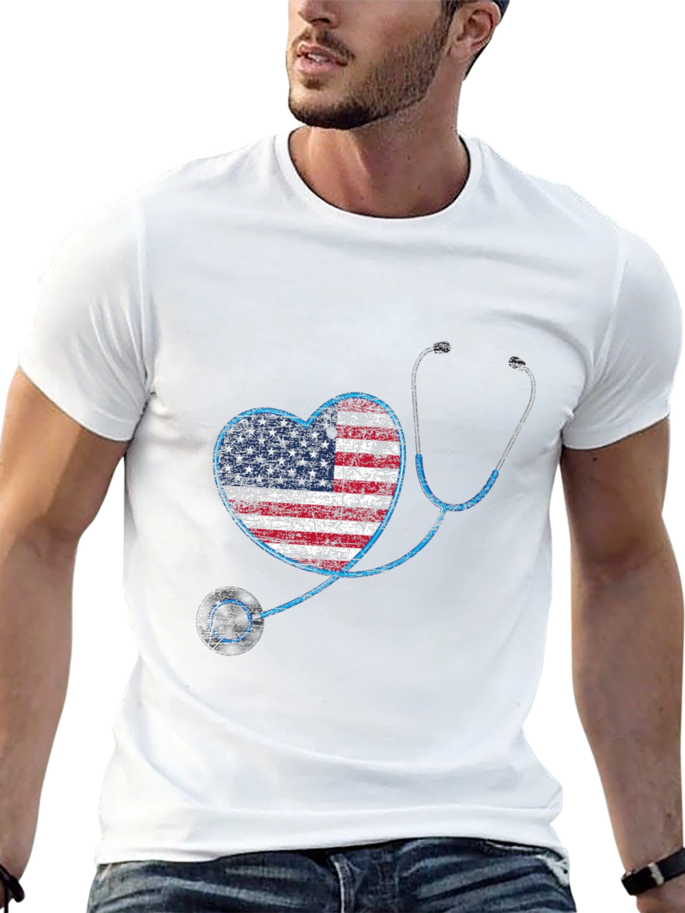 American Flag Heart Stethoscope Graphic T-Shirt