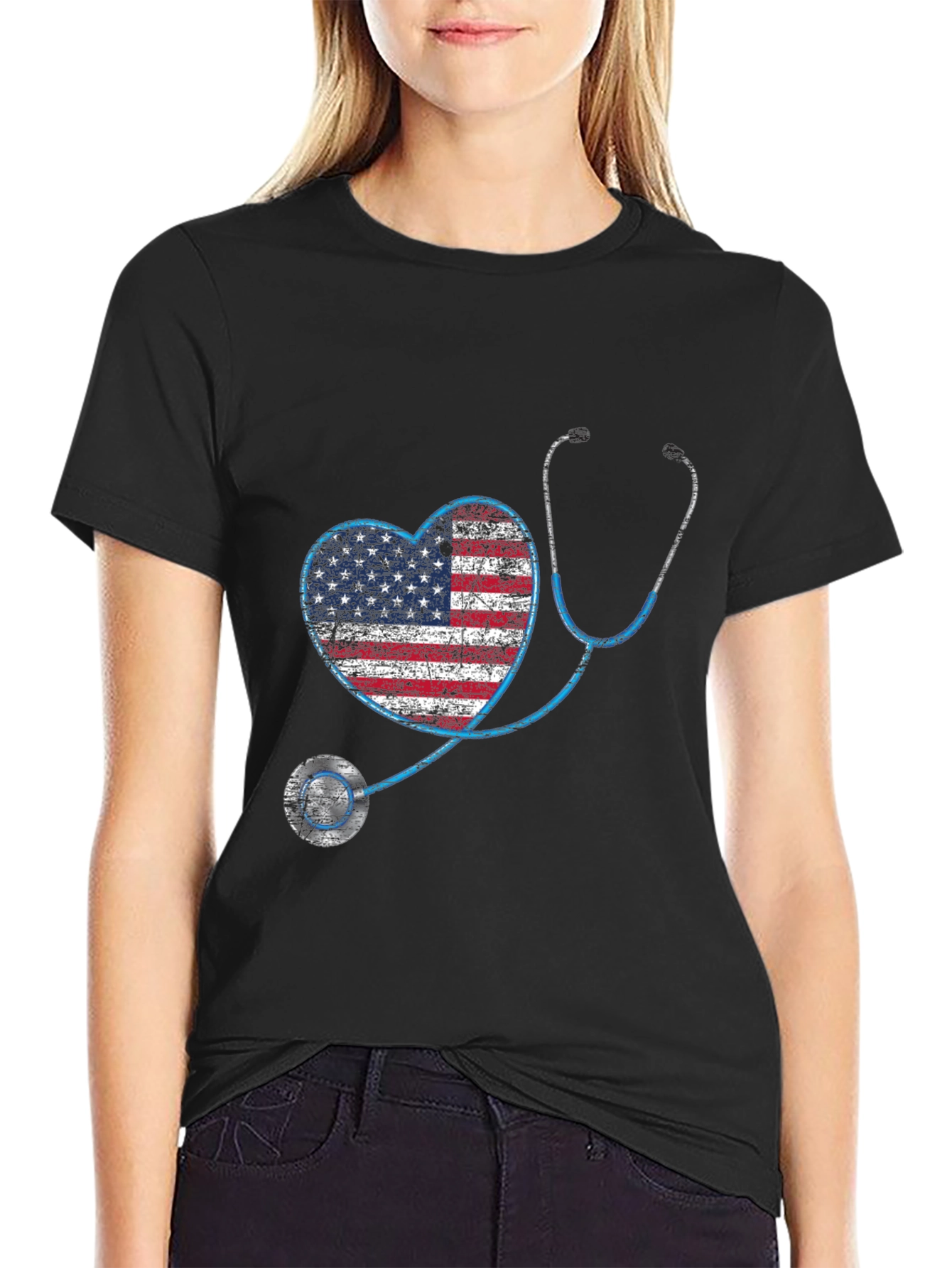 American Flag Heart Stethoscope Graphic T-Shirt