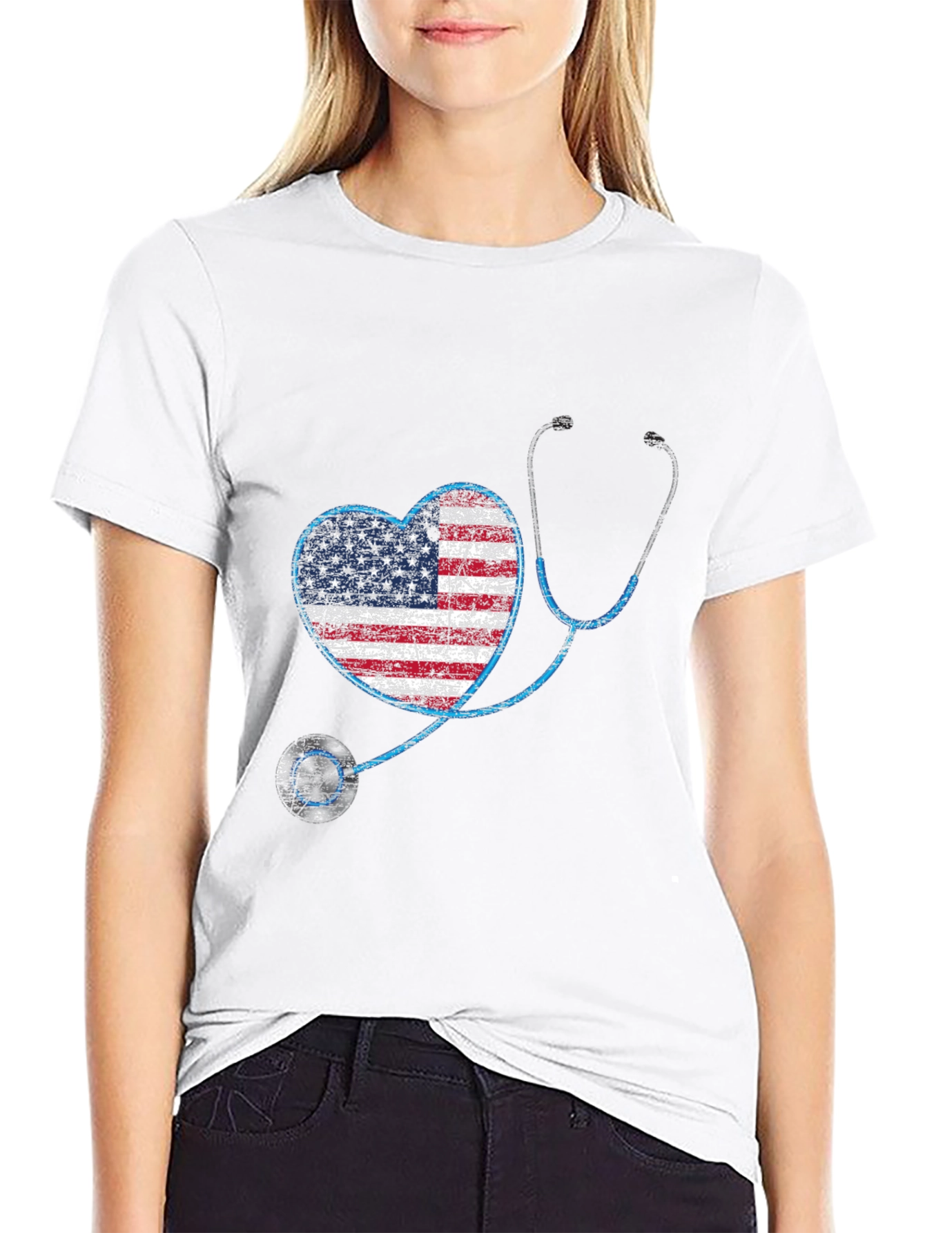 American Flag Heart Stethoscope Graphic T-Shirt