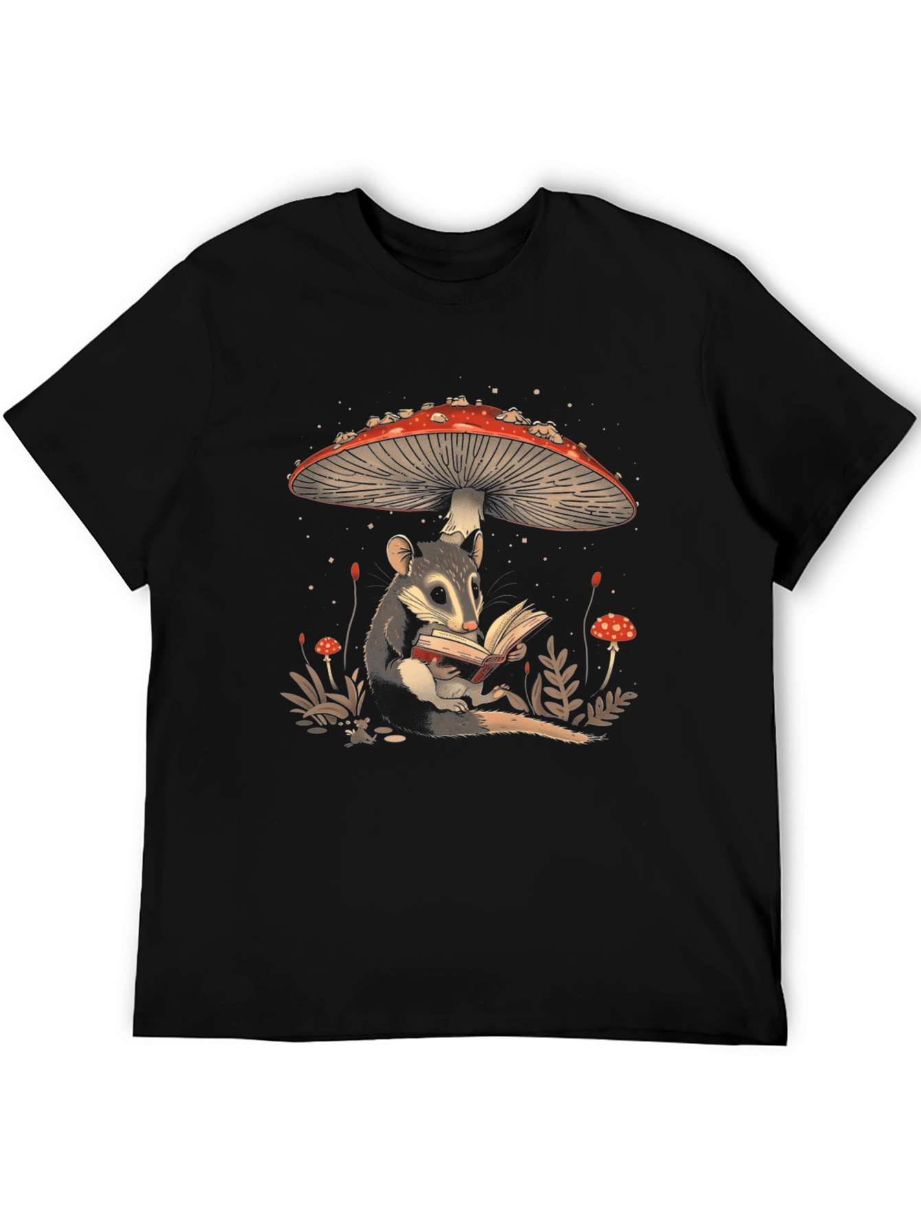 Whimsical Mushroom and Possum Reading T-Shirt