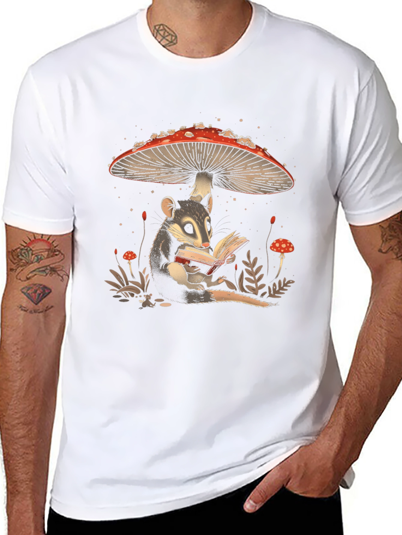 Whimsical Mushroom and Possum Reading T-Shirt