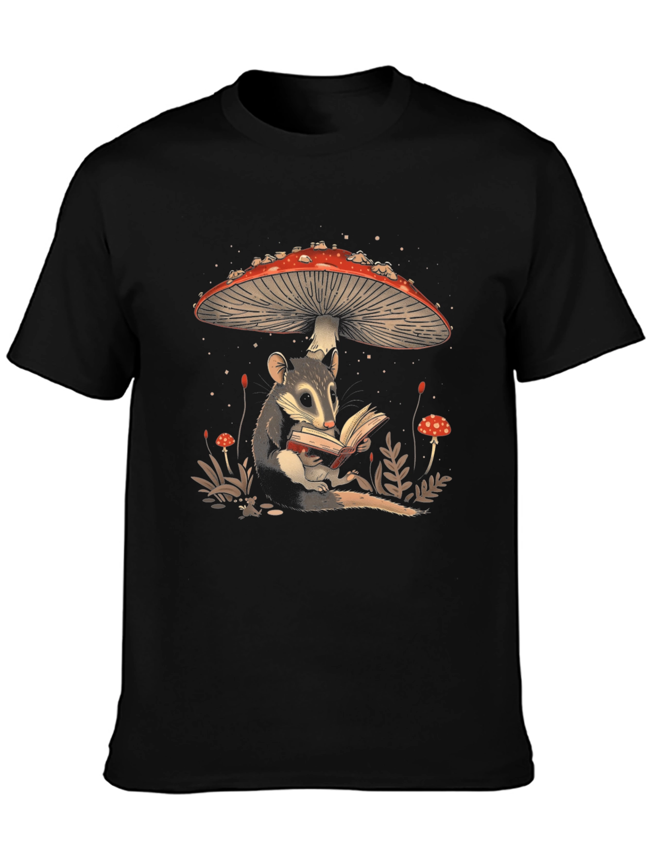 Whimsical Mushroom and Possum Reading T-Shirt