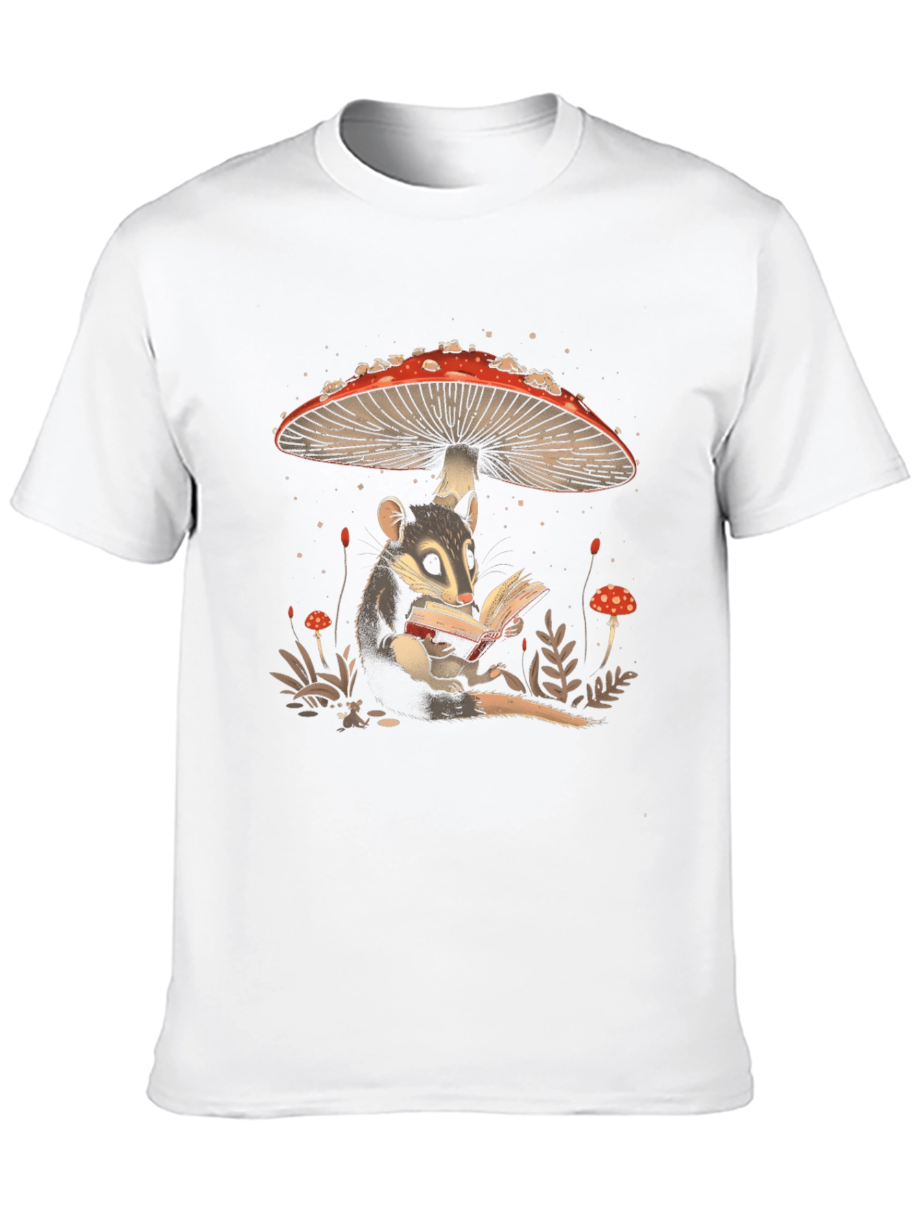 Whimsical Mushroom and Possum Reading T-Shirt