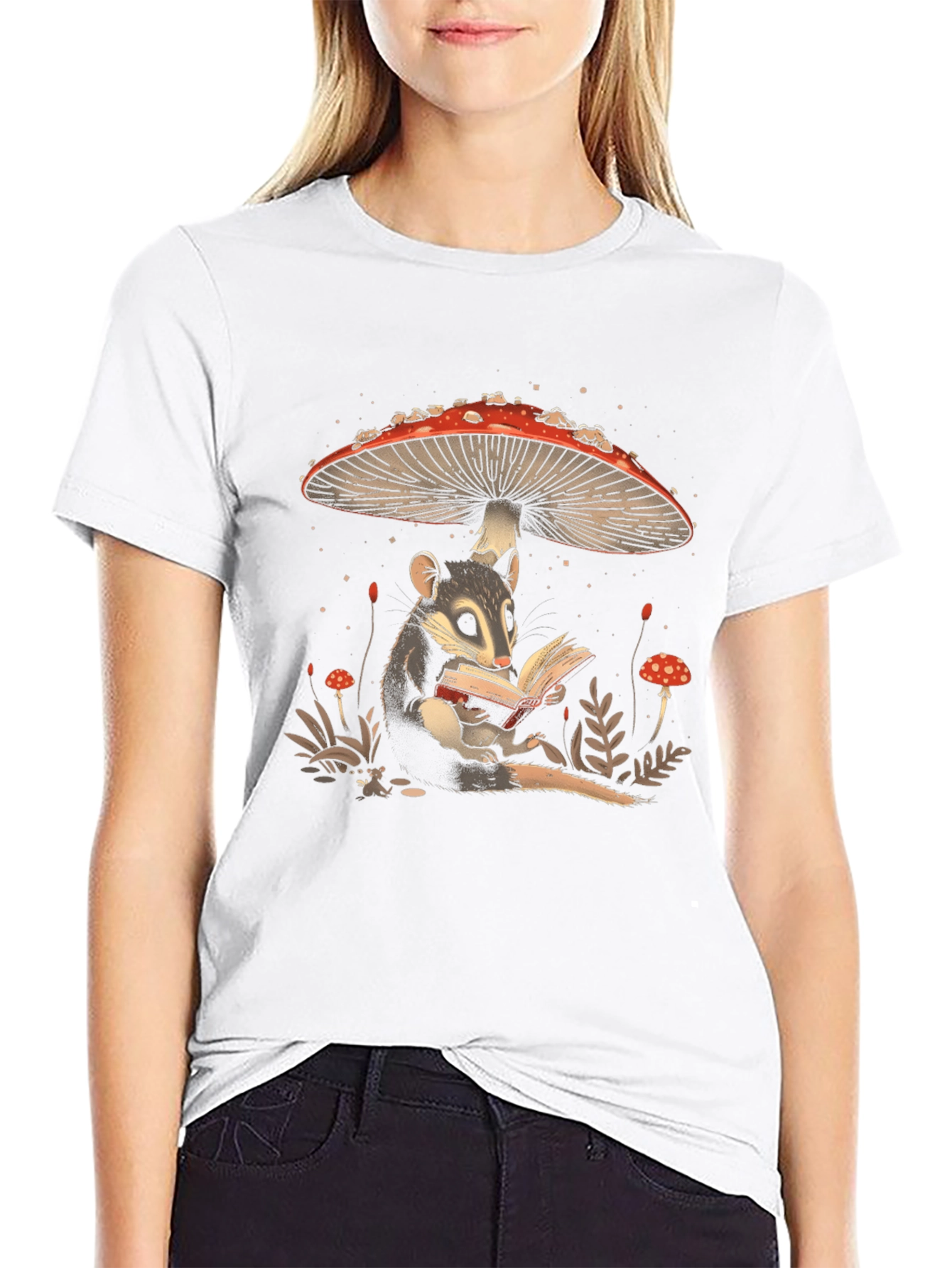 Whimsical Mushroom and Possum Reading T-Shirt
