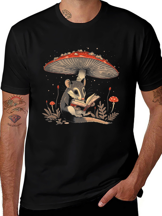 Whimsical Mushroom and Possum Reading T-Shirt
