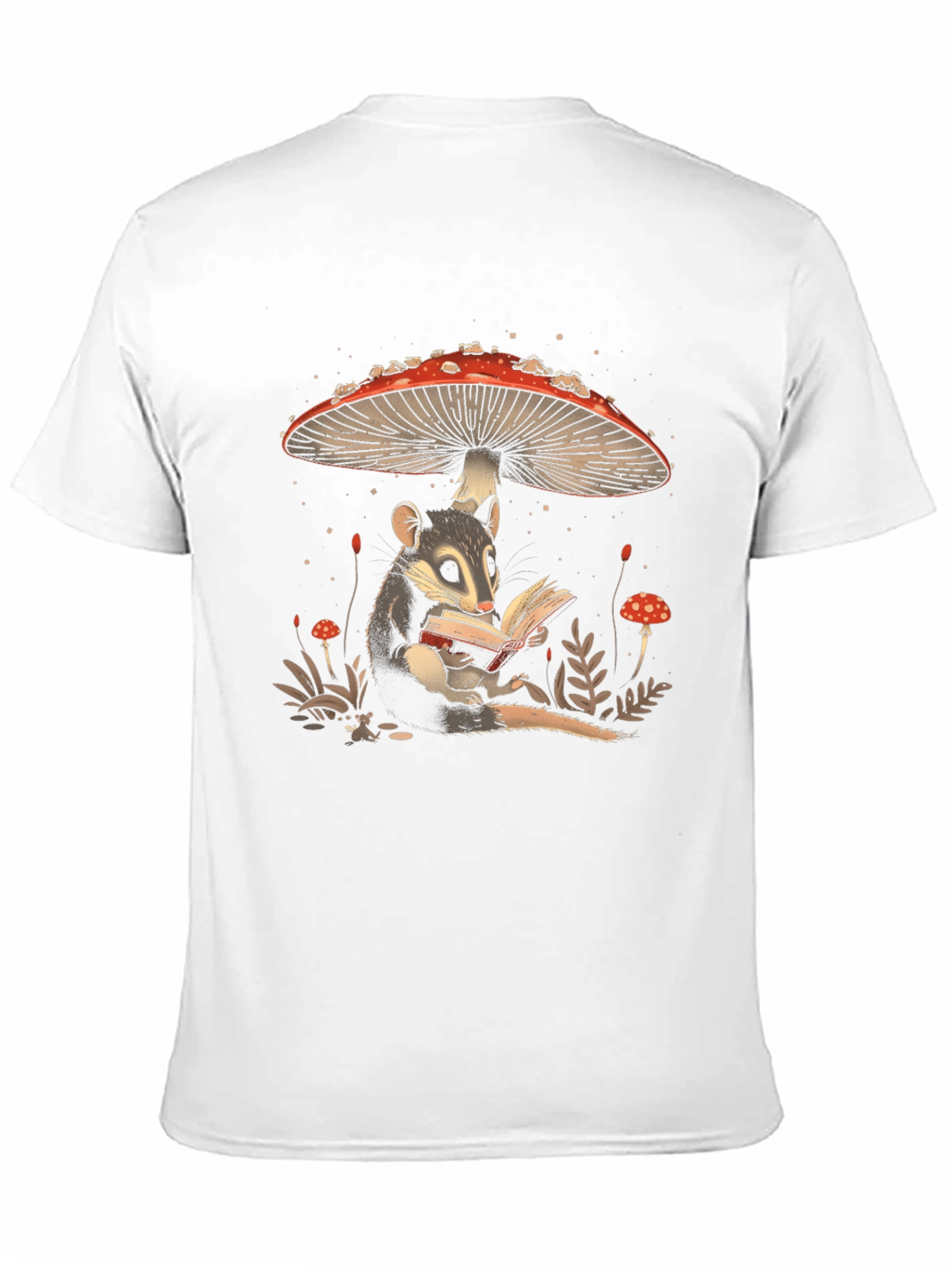 Whimsical Mushroom and Possum Reading T-Shirt