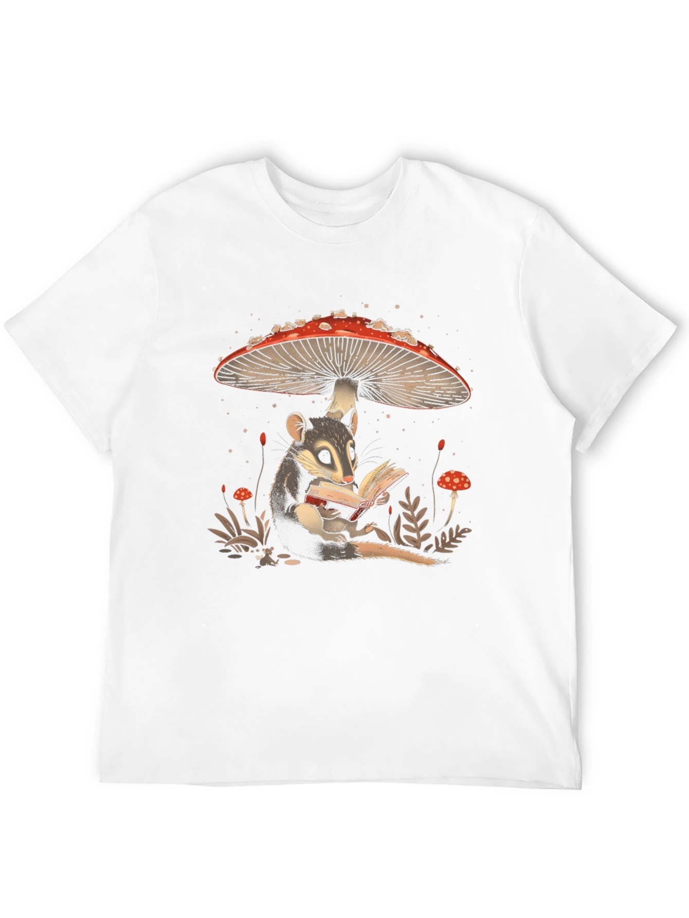 Whimsical Mushroom and Possum Reading T-Shirt