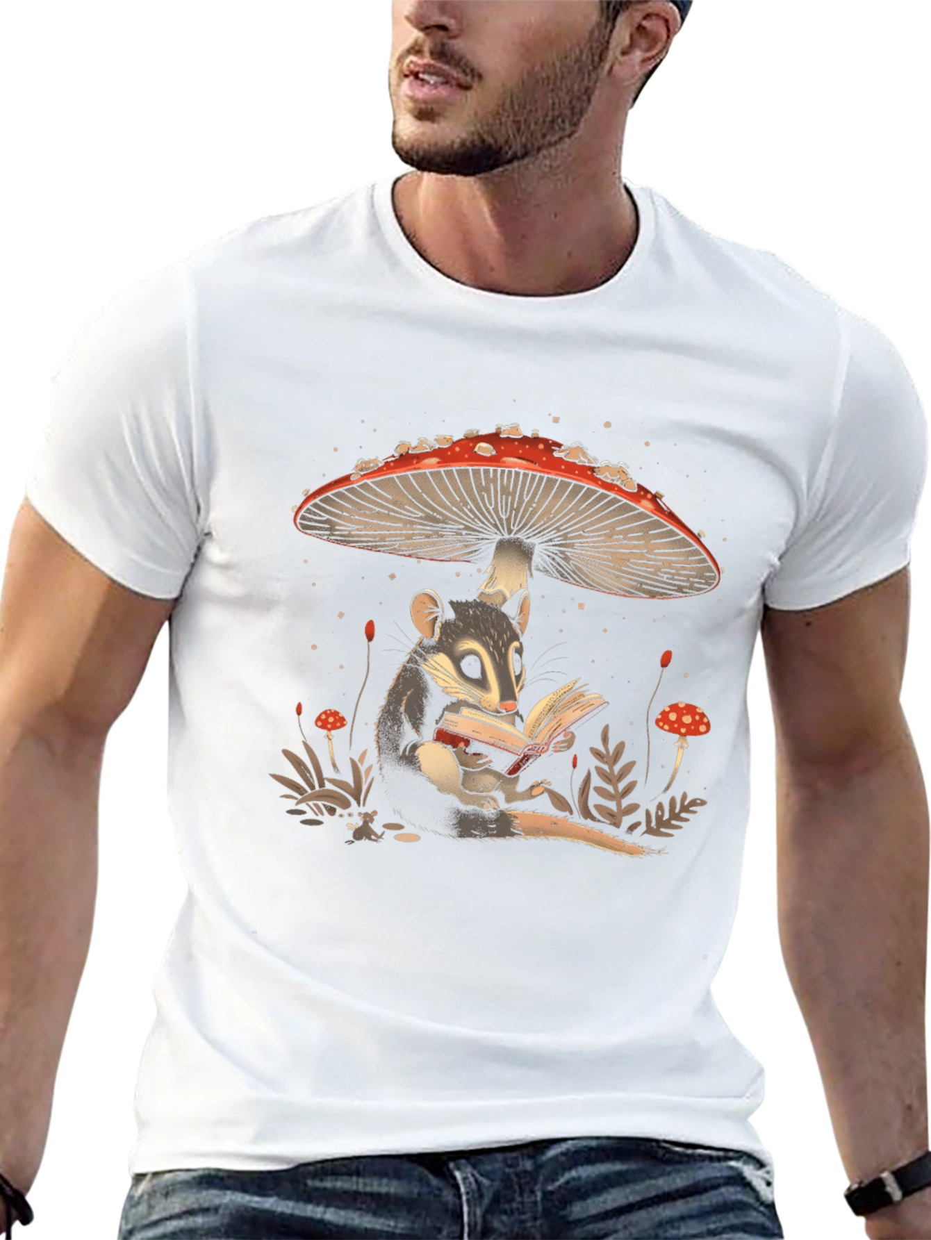 Whimsical Mushroom and Possum Reading T-Shirt