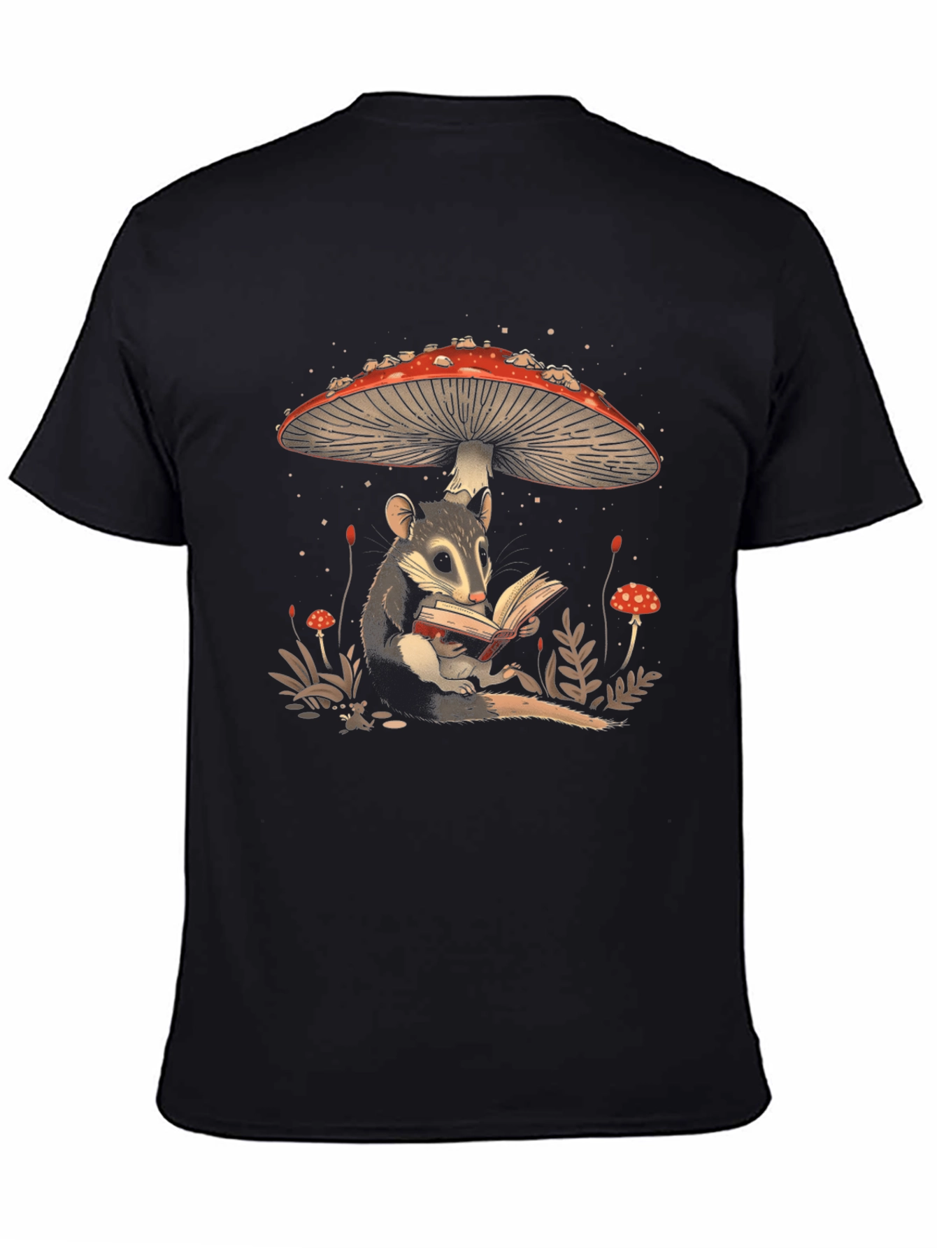 Whimsical Mushroom and Possum Reading T-Shirt