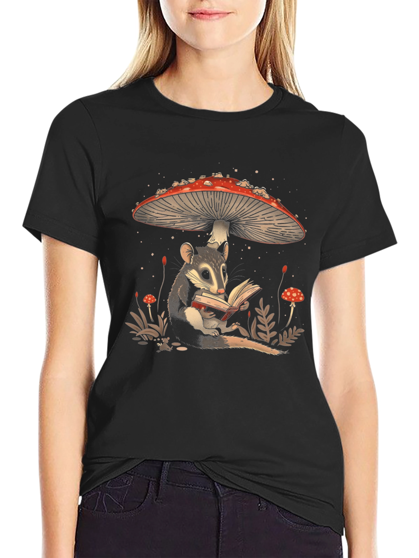 Whimsical Mushroom and Possum Reading T-Shirt