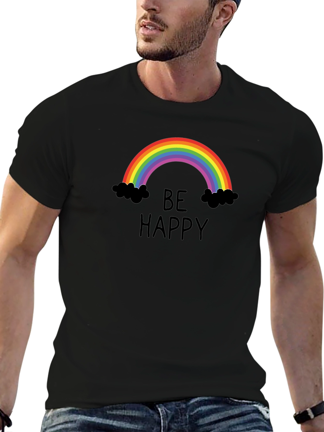 Be Happy Rainbow Graphic Tee - Unisex Black T-Shirt