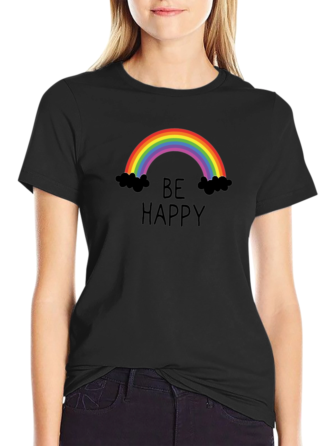 Be Happy Rainbow Graphic Tee - Unisex Black T-Shirt